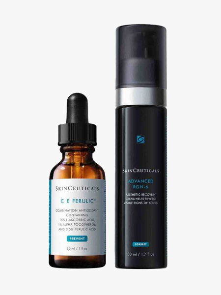 SkinCeuticals Post Laser Power Pair serum bottle and black bottle on light gray background