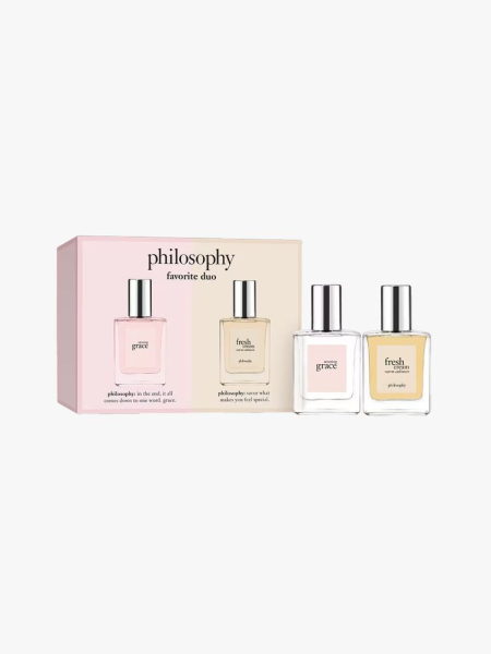 Philosophy Amazing Grace and Fresh Cream Warm Cashmere 2-Piece Mini Gift Set in branded components on a light gray background